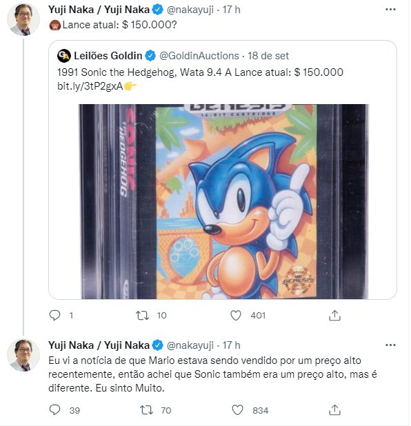 Cartucho do Sonic é arrematado por mais de 2 milhões de reais em leilão Yuji Naka reage a leilão de cartucho do Sonic.
