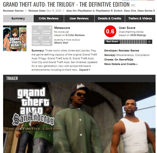 GTA The Trilogy | Game tem uma das piores notas do público na história do Metacritic GTA The Trilogy | Game tem uma das piores notas do público na história do Metacritic