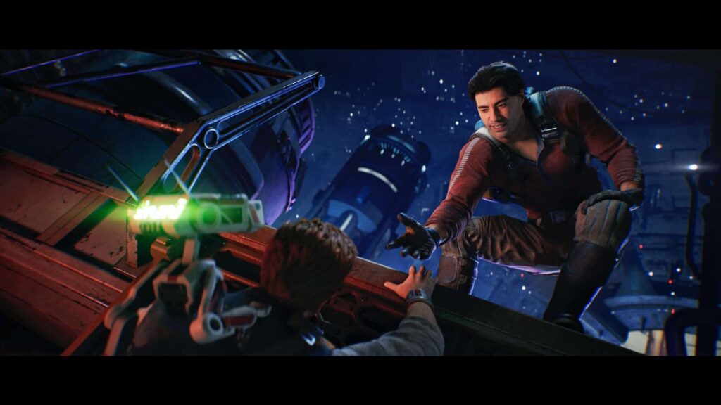 Screenshot de Cal Kestis cumprimentando Bode Akuna em Star Wars Jedi: Survivor