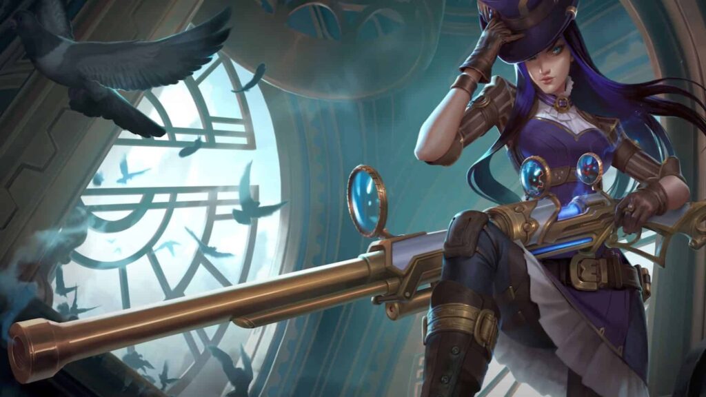 Splash art da campeã Caitlyn, a Xerife de Piltover, do League of Legends
