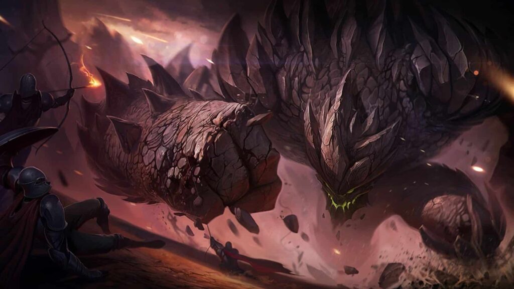 Splash art do campeão Malphite, o Fragmento do Monolito, do League of Legends