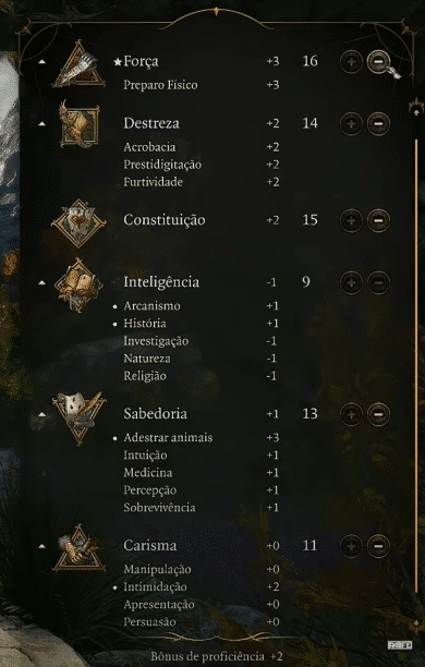 Foto ilustrativa de todos os atributos e subatributos de Baldur's Gate 3. (Divulgação / Internet)