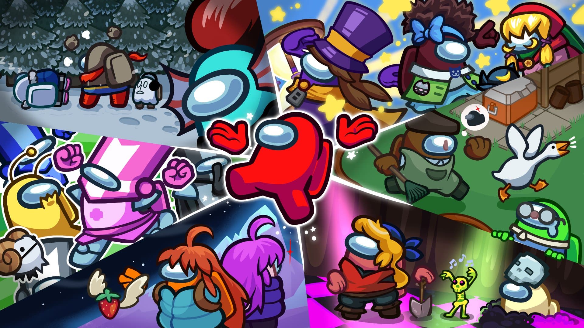 10 Jogos Parecidos com Among Us: Para PC, celular e consoles Imagem oficial de lançamento de visuais com a parceria de outros jogos, como: Celeste, Castle Crashers, Untitled Goose Game, entre outros. Introduzindo jogos parecidos com Among Us.