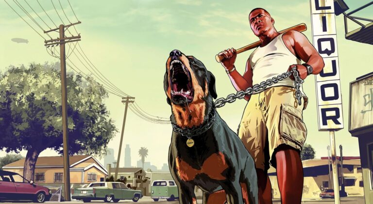Franklin do GTA 5: Quem é e história completa (Com Spoilers) Imagem de Franklin do GTA 5 e seu cachorro, Chop.
