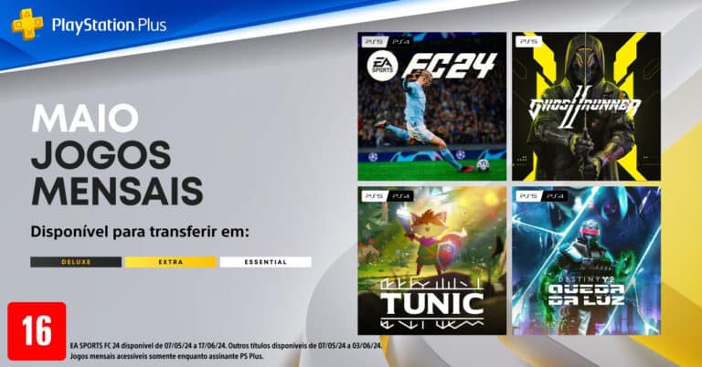 Imagem promocional do Catálogo de Jogos de Maio de 2024 na PlayStation Plus Extra e Deluxe